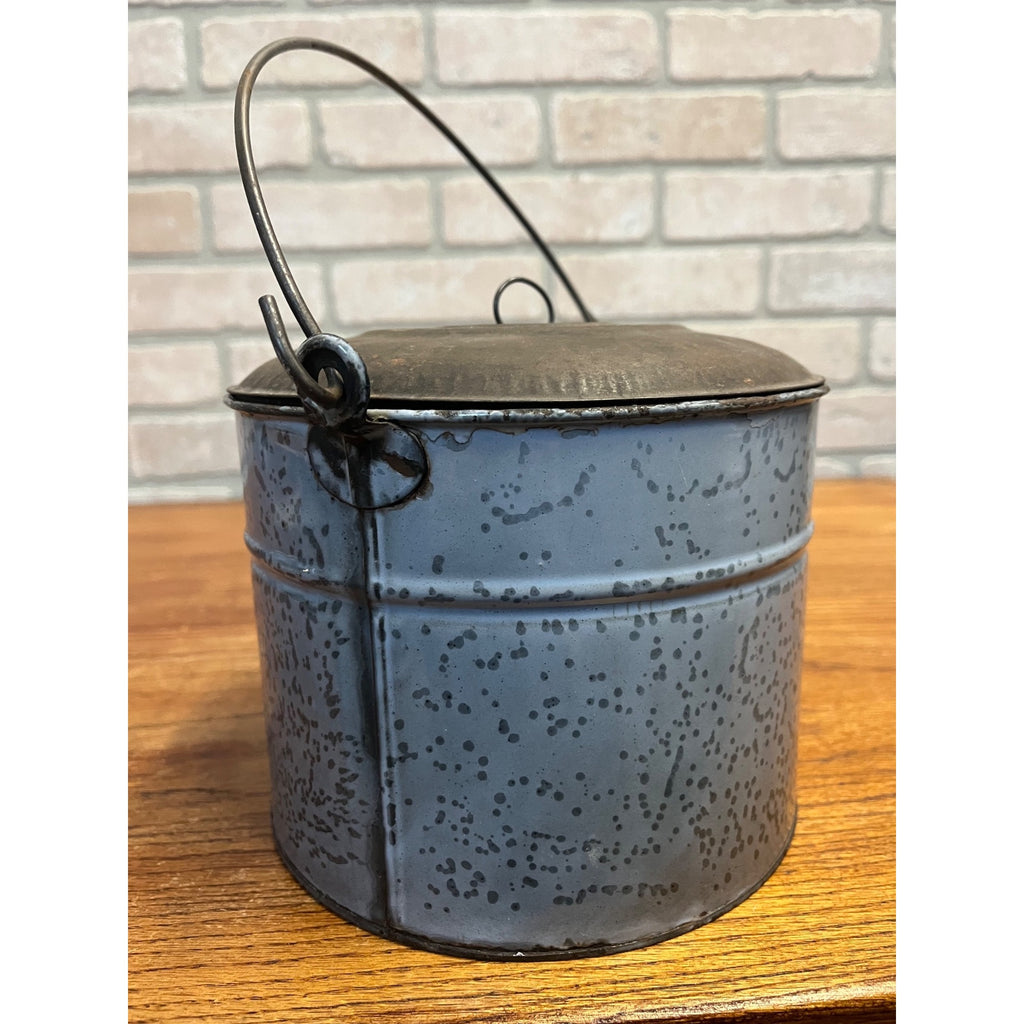 Antique Primitive Gray Enamel Graniteware Berry Bucket / Lunch Pail Lidded Farmhouse Decor