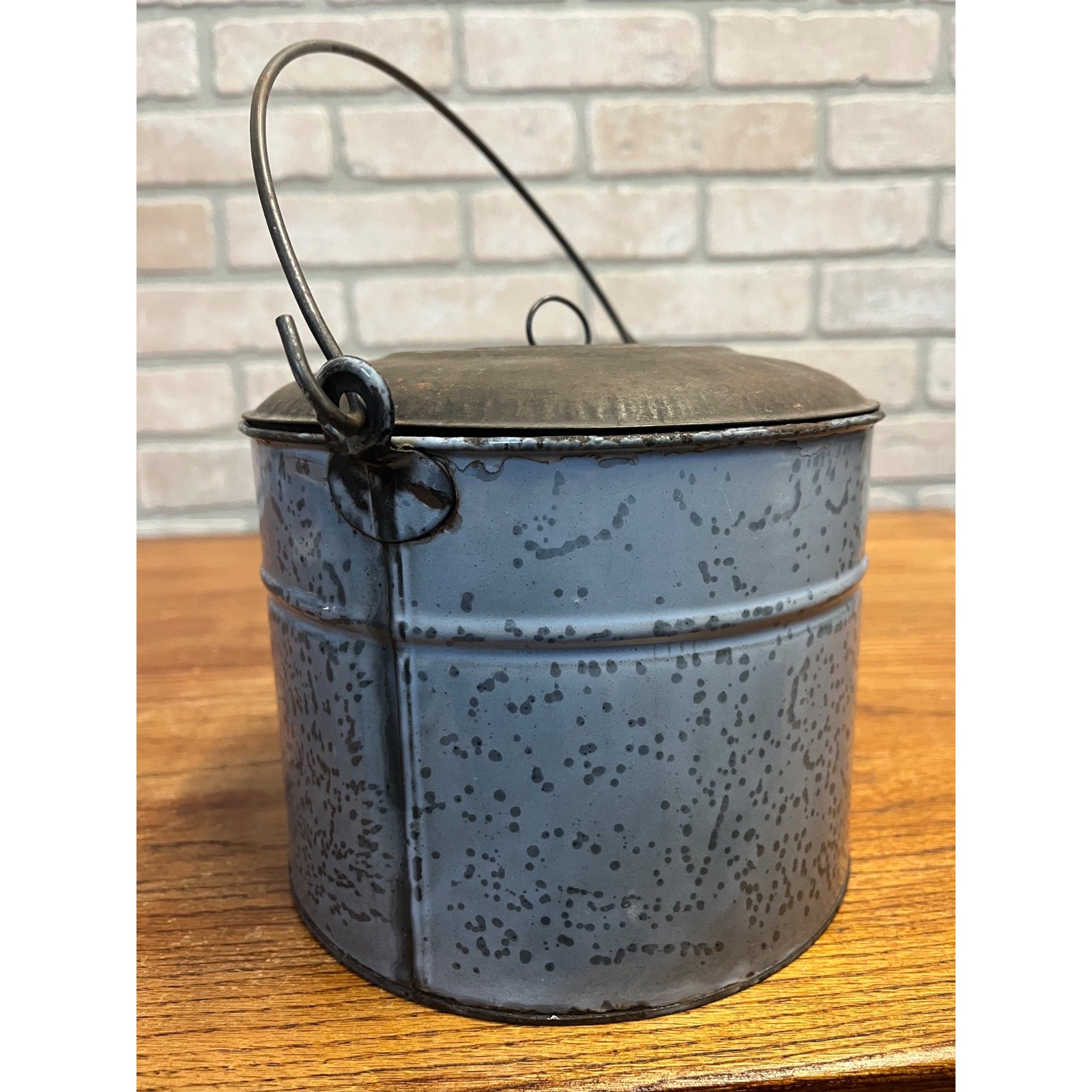 Antique Primitive Gray Enamel Graniteware Berry Bucket / Lunch Pail Lidded Farmhouse Decor