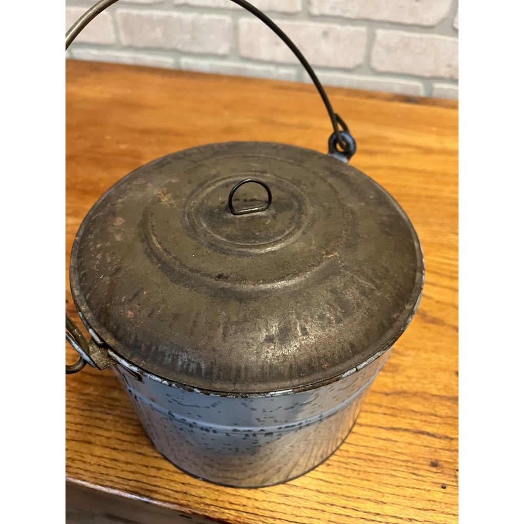 Antique Primitive Gray Enamel Graniteware Berry Bucket / Lunch Pail Lidded Farmhouse Decor