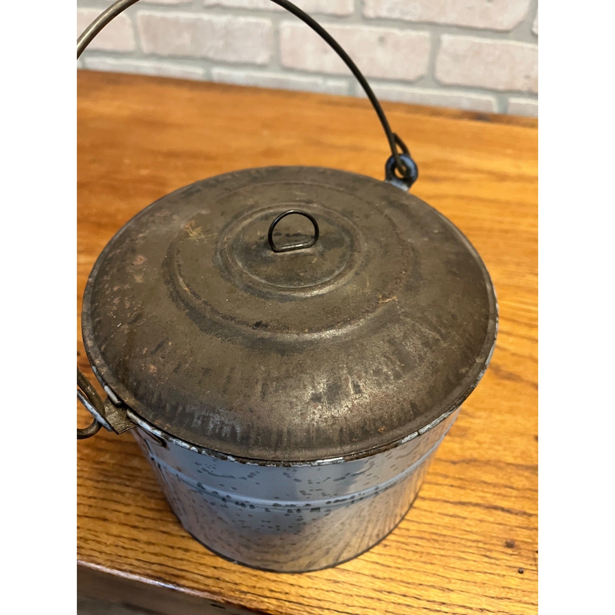 Antique Primitive Gray Enamel Graniteware Berry Bucket / Lunch Pail Lidded Farmhouse Decor