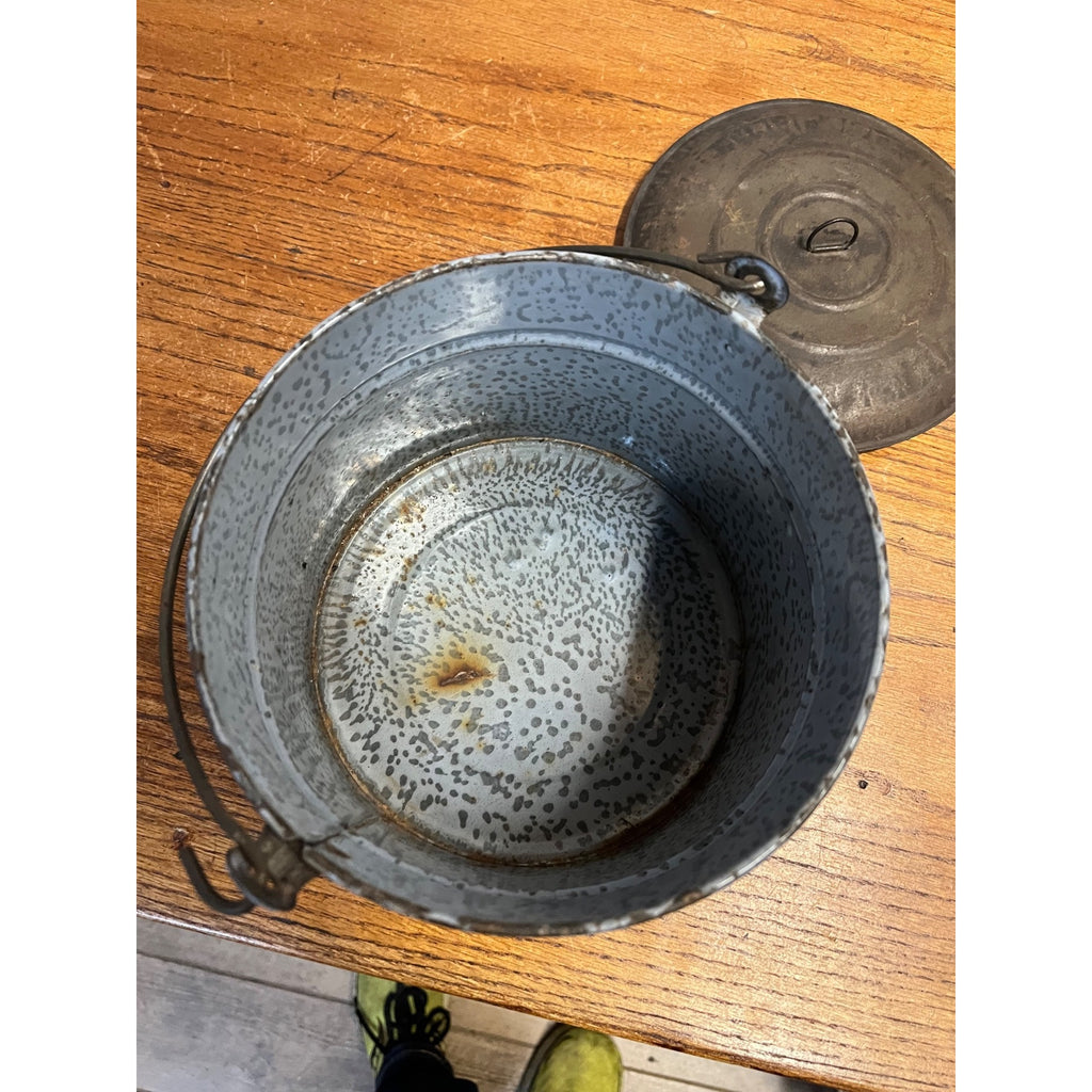 Antique Primitive Gray Enamel Graniteware Berry Bucket / Lunch Pail Lidded Farmhouse Decor