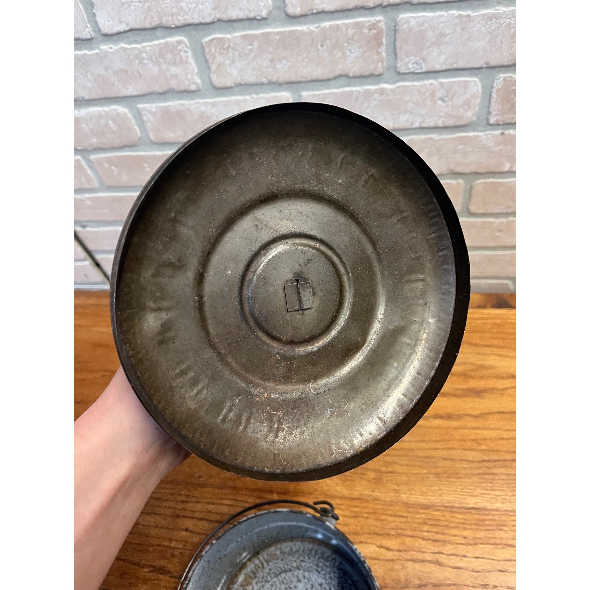 Antique Primitive Gray Enamel Graniteware Berry Bucket / Lunch Pail Lidded Farmhouse Decor