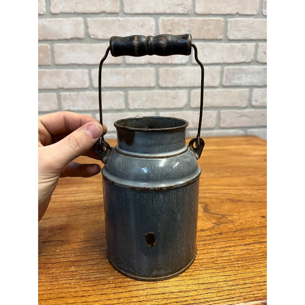 Antique Primitive Grey Graniteware Enamelware Cream Milk Can Pail Farmhouse Kitchen Decor