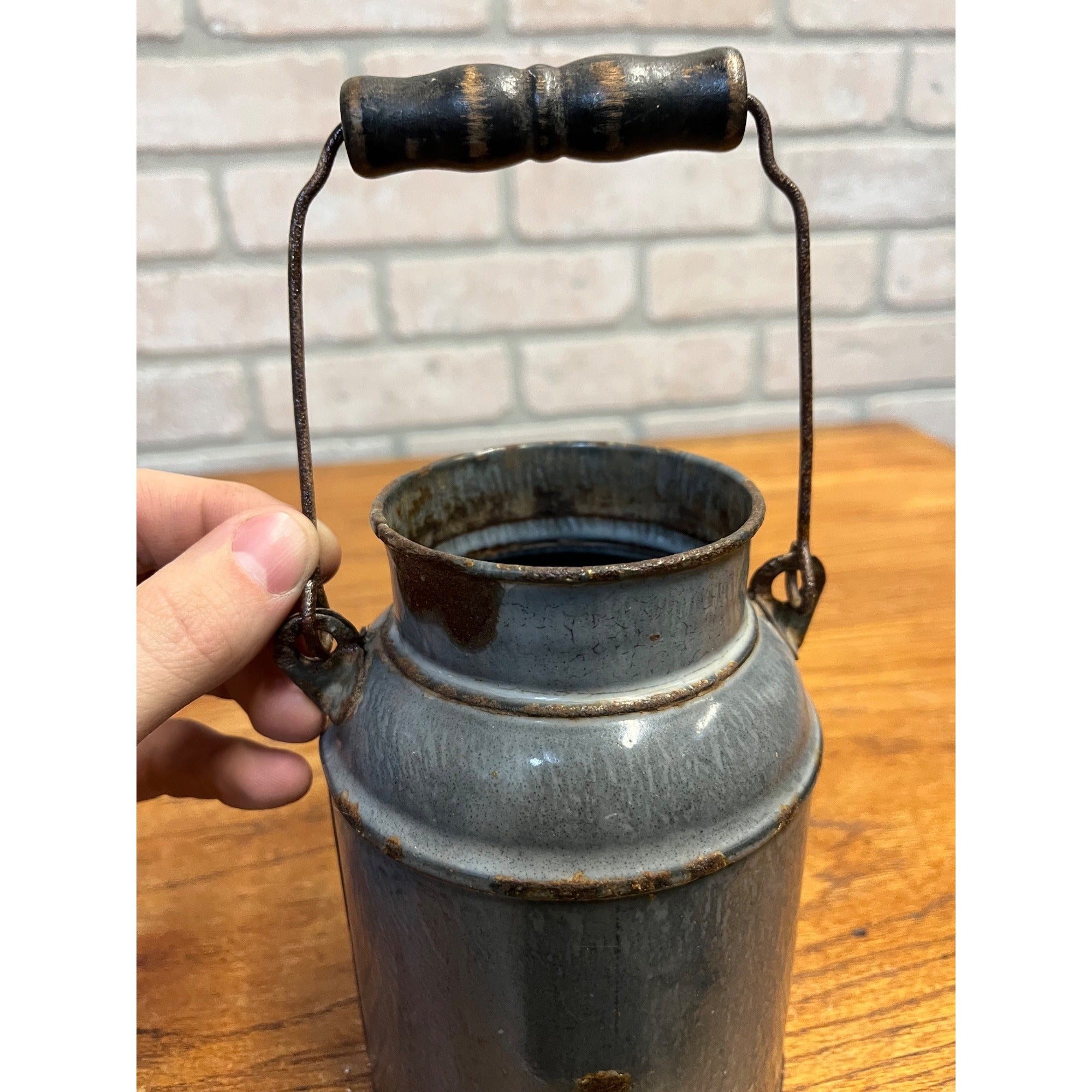 Antique Primitive Grey Graniteware Enamelware Cream Milk Can Pail Farmhouse Kitchen Decor
