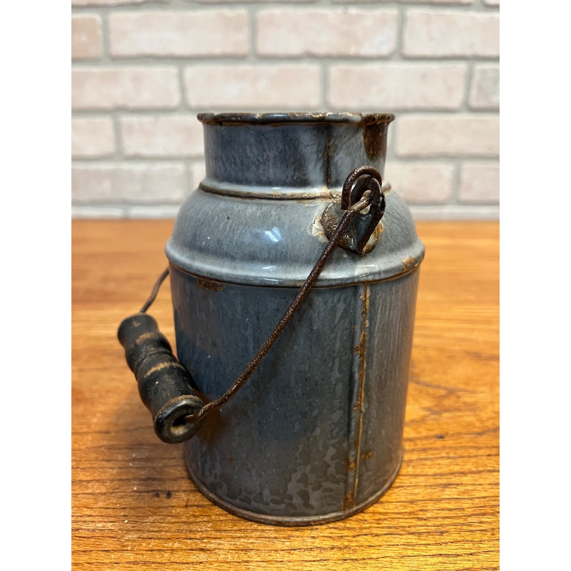 Antique Primitive Grey Graniteware Enamelware Cream Milk Can Pail Farmhouse Kitchen Decor
