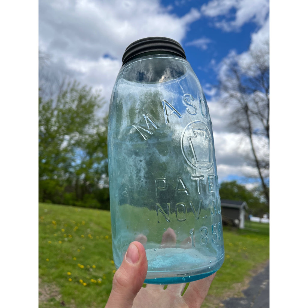 Antique 1858 Mason's Patent Half Gallon Keystone  Jar Bold Marked #50 Jar 1800s Blue Aqua