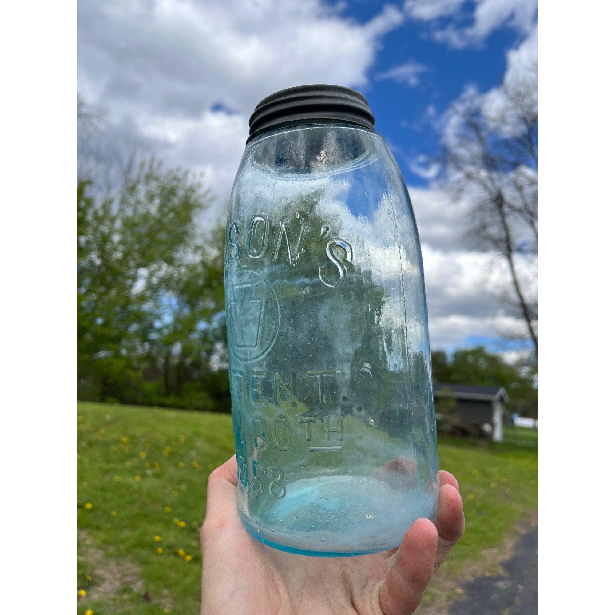 Antique 1858 Mason's Patent Half Gallon Keystone  Jar Bold Marked #50 Jar 1800s Blue Aqua
