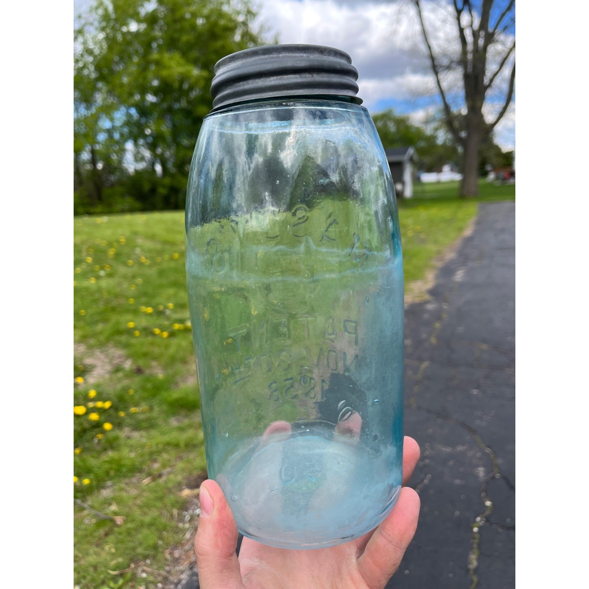 Antique 1858 Mason's Patent Half Gallon Keystone  Jar Bold Marked #50 Jar 1800s Blue Aqua