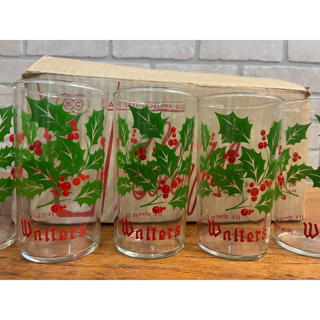 Vintage 1950s Walter's Beer Christmas Glasses Set of (8) w/ Box Eau Claire WI