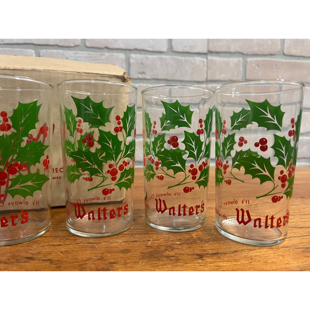 Vintage 1950s Walter's Beer Christmas Glasses Set of (8) w/ Box Eau Claire WI
