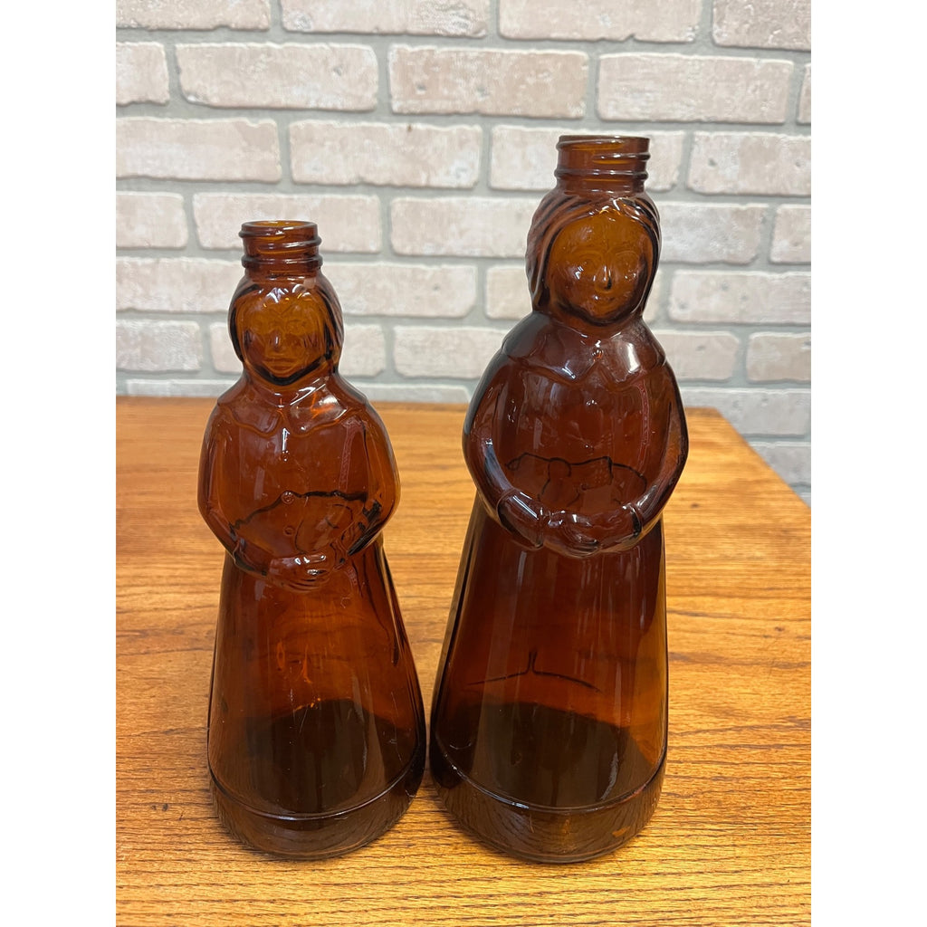 Vintage Mrs Buttersworth Maple Syrup Amber Glass Bottles Lot (2) 10" & 11"