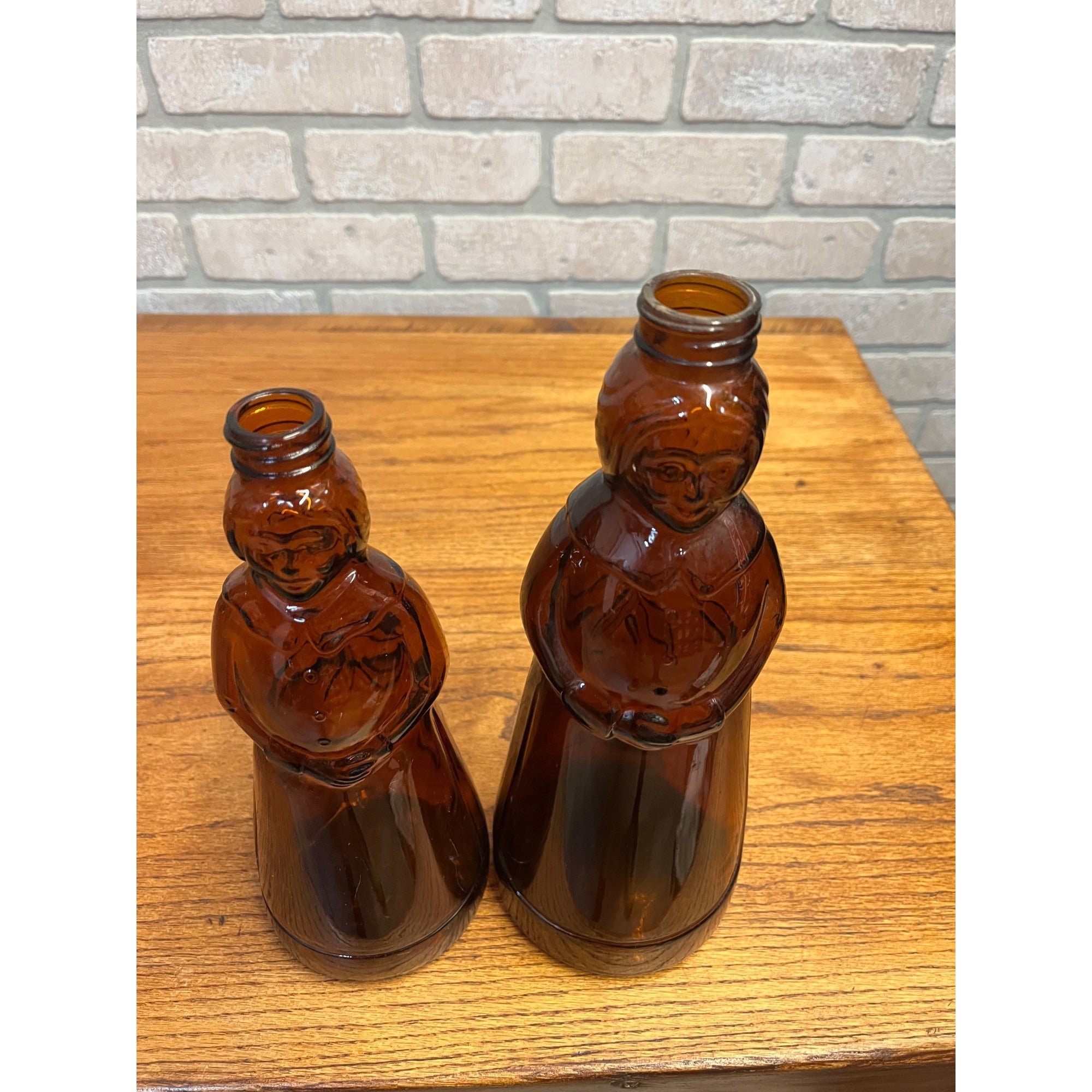 Vintage Mrs Buttersworth Maple Syrup Amber Glass Bottles Lot (2) 10" & 11"
