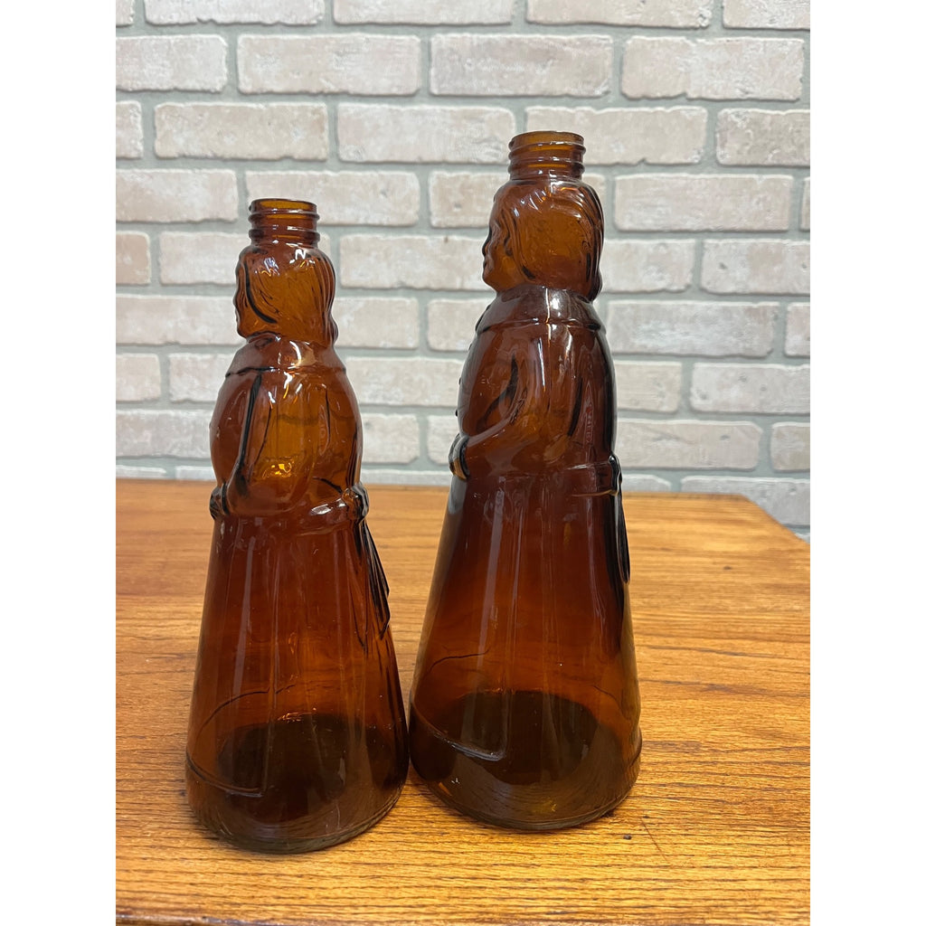 Vintage Mrs Buttersworth Maple Syrup Amber Glass Bottles Lot (2) 10" & 11"