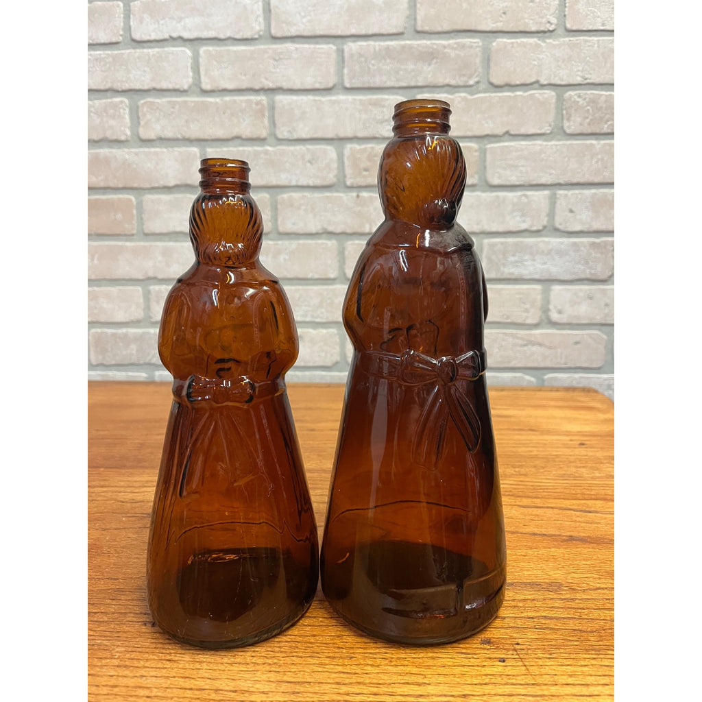 Vintage Mrs Buttersworth Maple Syrup Amber Glass Bottles Lot (2) 10" & 11"