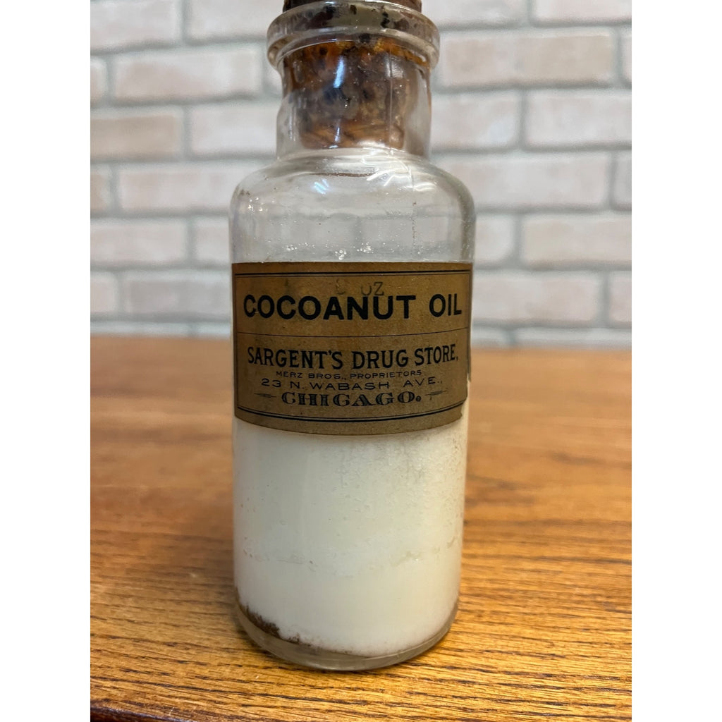 Antique 1900s Cocoanut Oil Sargent's Drug Store Chicago Glass Bottle w/ Label