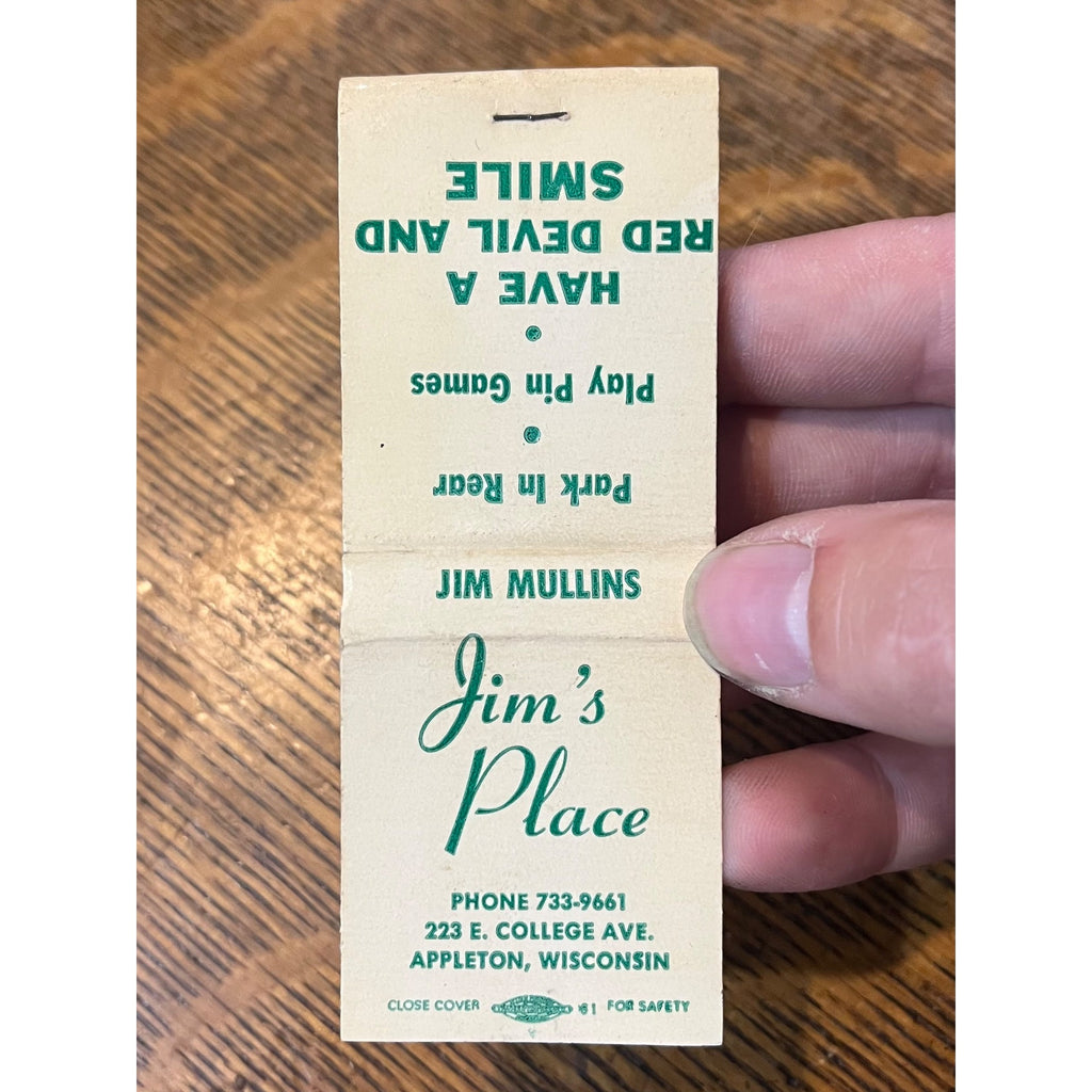 Vintage Unstruck Matchbook Advertising Jim Mullins - Jim's Place - Appleton, Wis