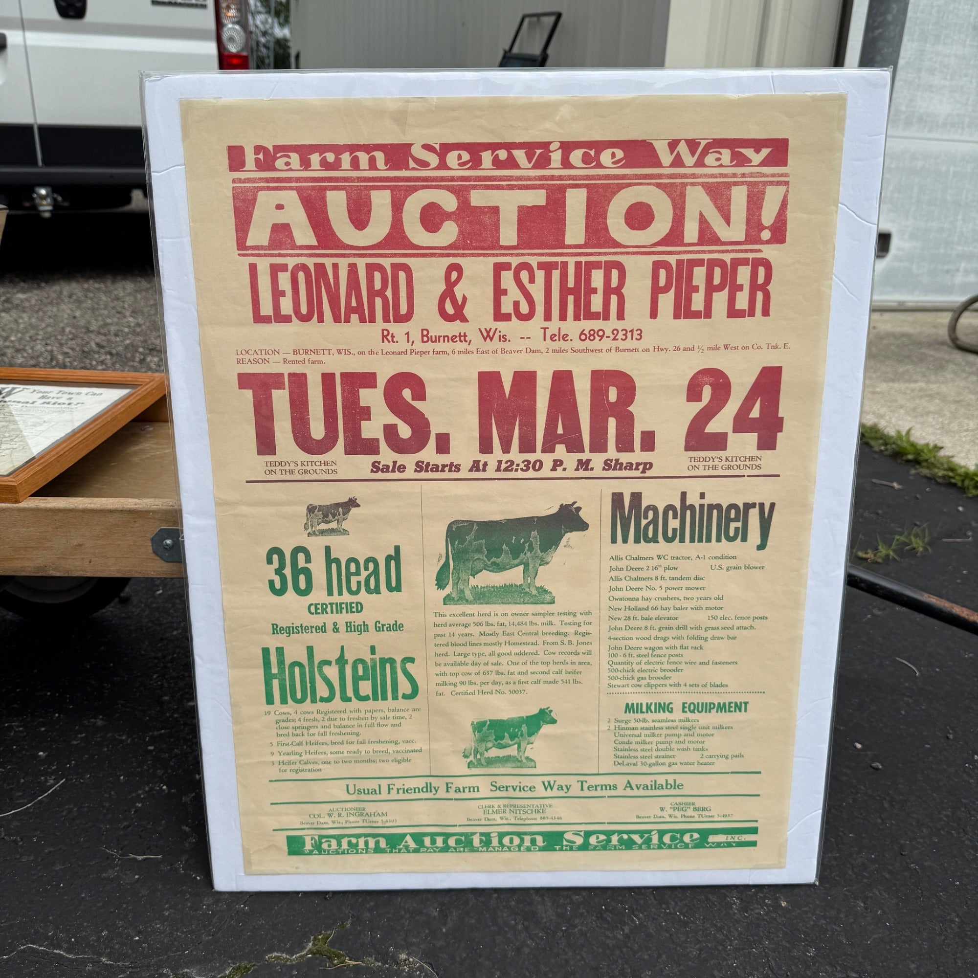 Vintage Wisconsin Farm Livestock Cow Auction Poster Sign Burnett Wis