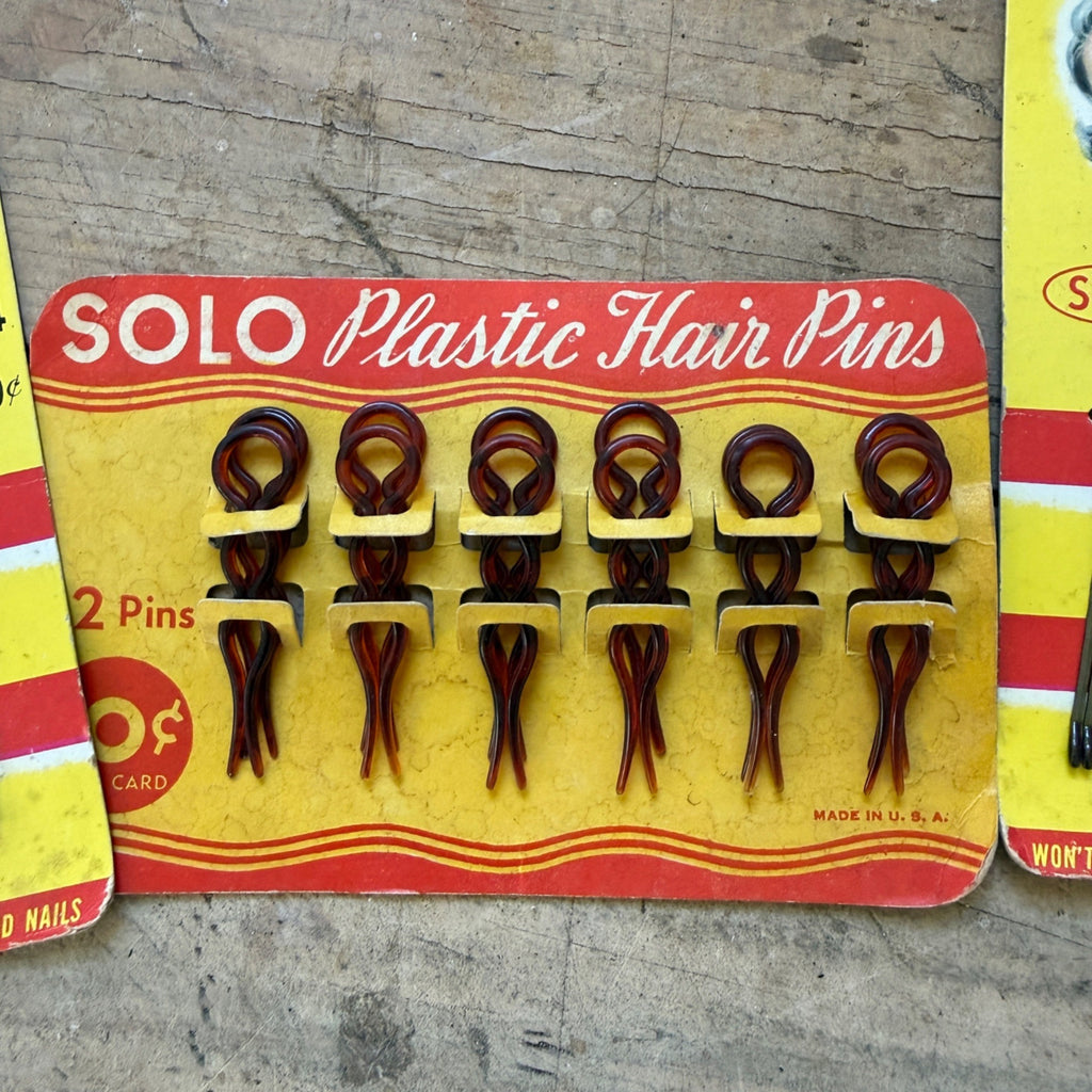 Vintage NOS SOLO Bob Pins Rubber Tip Plastic Hair Pins Display Cards Lot of 3