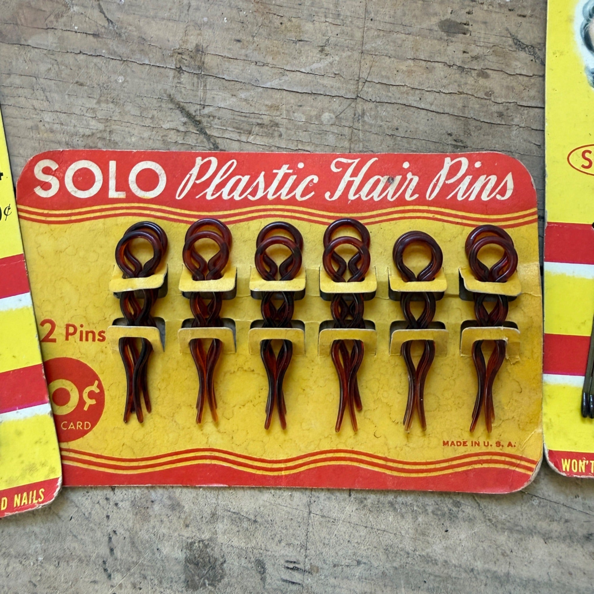 Vintage NOS SOLO Bob Pins Rubber Tip Plastic Hair Pins Display Cards Lot of 3