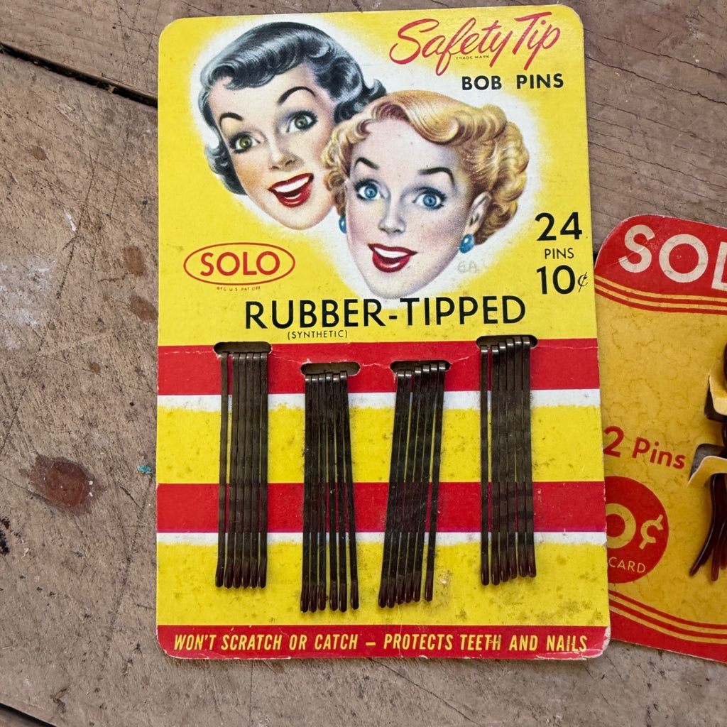 Vintage NOS SOLO Bob Pins Rubber Tip Plastic Hair Pins Display Cards Lot of 3