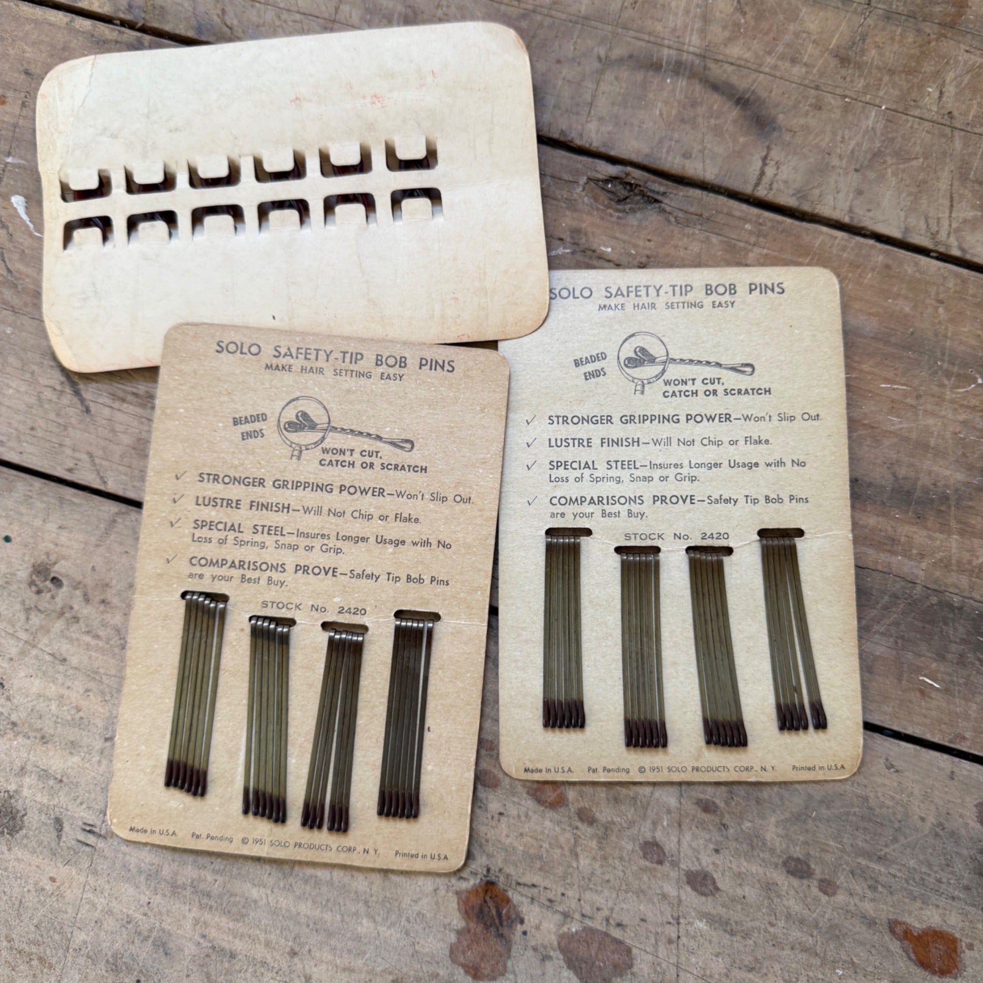 Vintage NOS SOLO Bob Pins Rubber Tip Plastic Hair Pins Display Cards Lot of 3