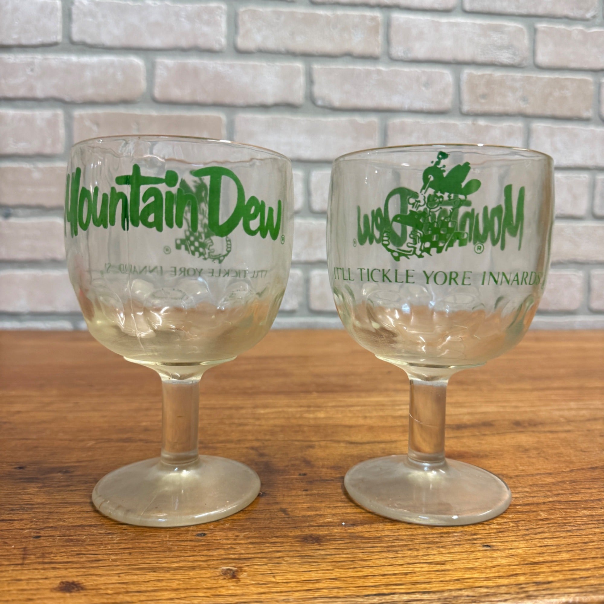 Pair Mountain Dew Glass Stemmed Footed Goblet “It’ll Tickle Yore Innards” Vintage
