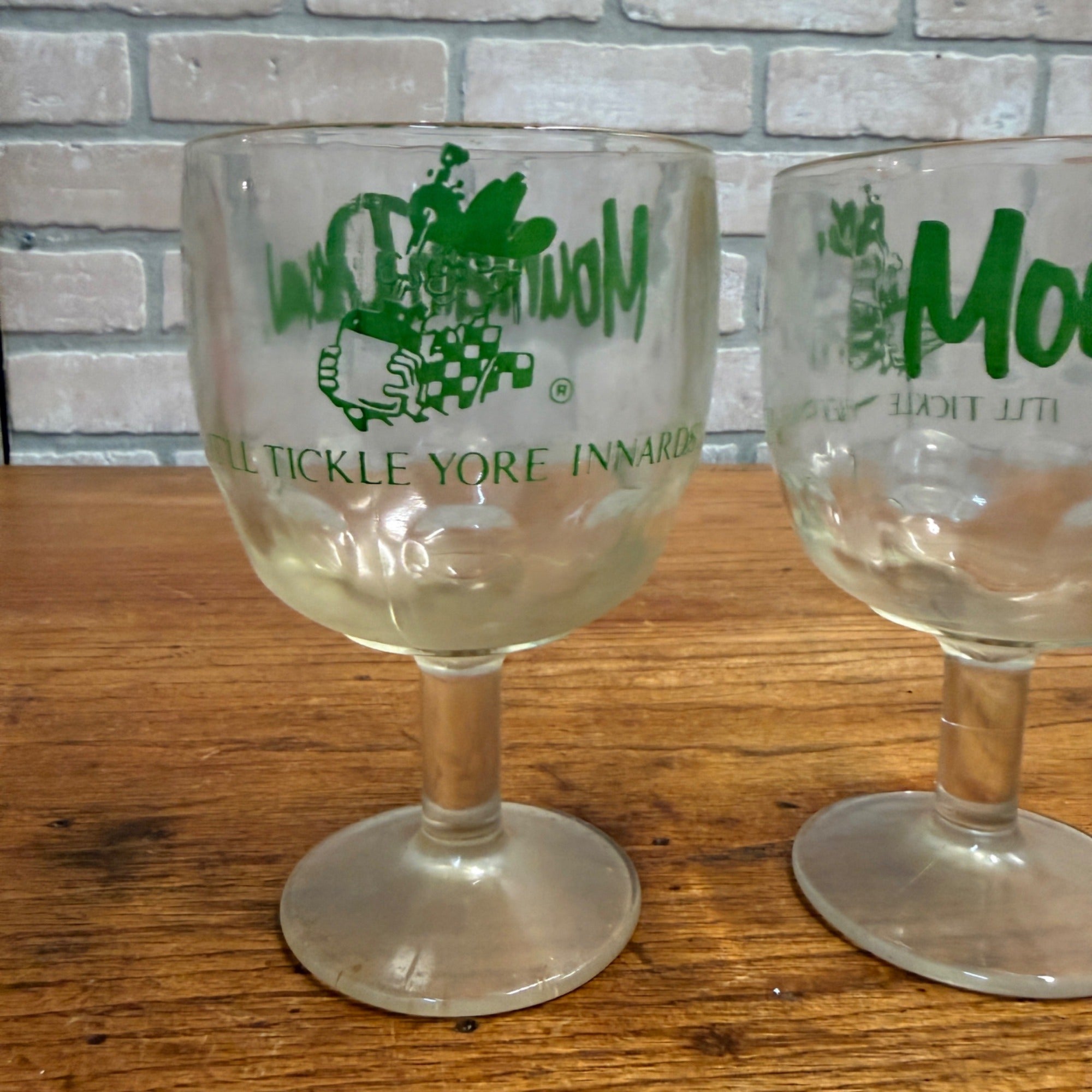 Pair Mountain Dew Glass Stemmed Footed Goblet “It’ll Tickle Yore Innards” Vintage