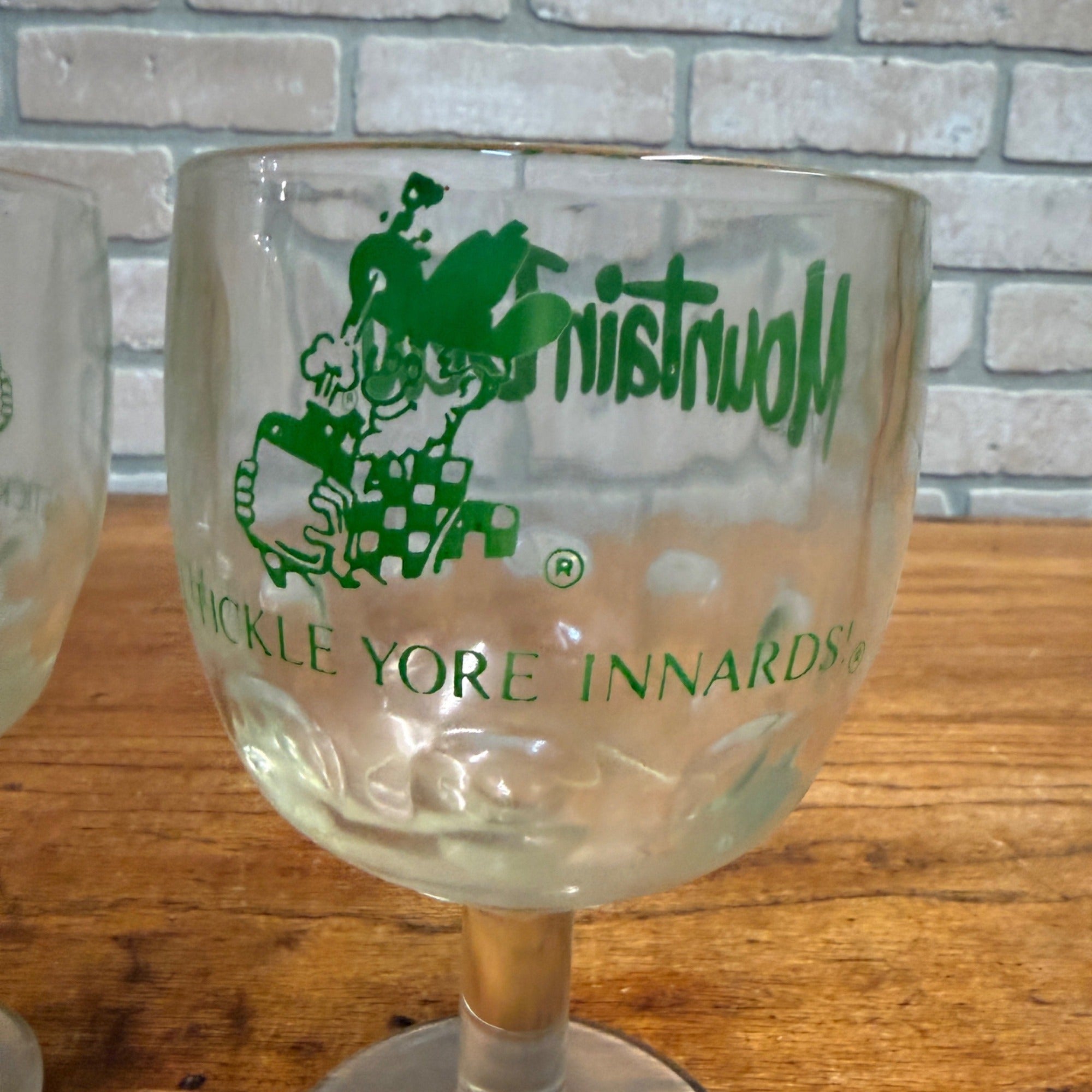 Pair Mountain Dew Glass Stemmed Footed Goblet “It’ll Tickle Yore Innards” Vintage