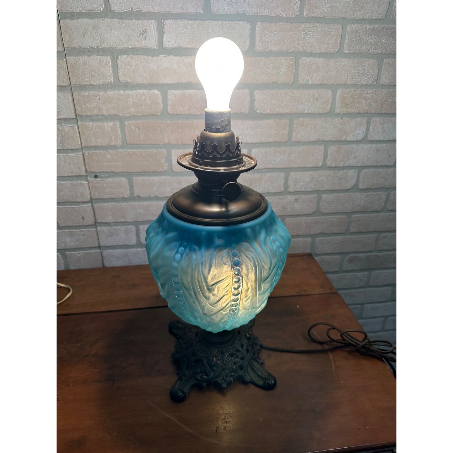Antique Pittsburgh Lamp Co. Blue Satin Beaded Drape GWTW Oil Lamp Electrified