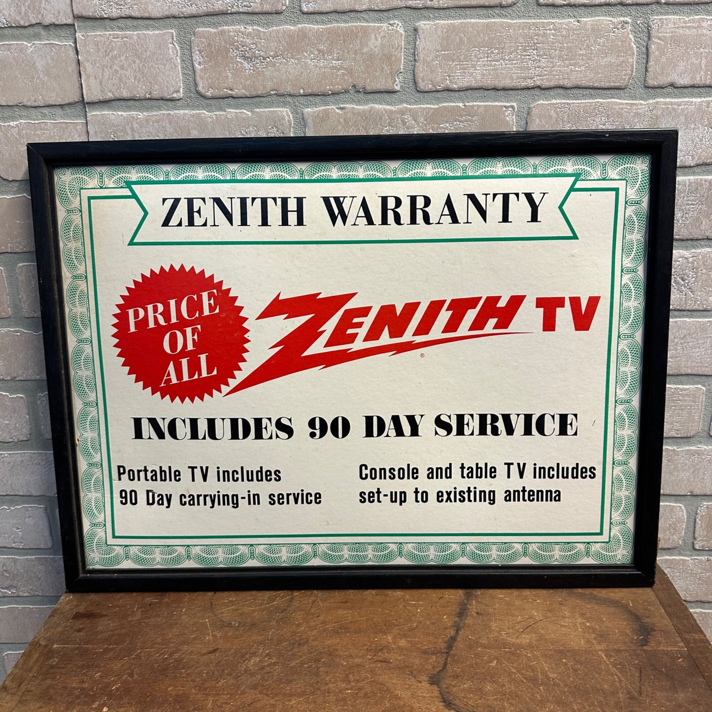 Vintage 1960s Zenith Television TV Store Display Advertising Sign Framed Warranty