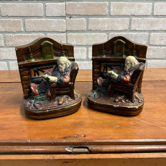 Vintage c1930s Fireside Comfort Chalkware Bookends Pair Man Sitting Pipe & Book