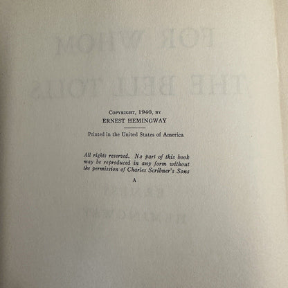 For Whom the Bell Tolls by Ernest Hemingway Scribner’s 1st Edition (1940)