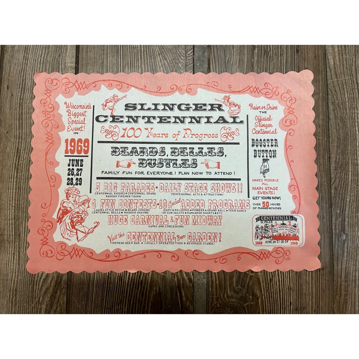 Vintage Slinger Wis Centennial Celebration 100 Years 1869-1969 Place Mats