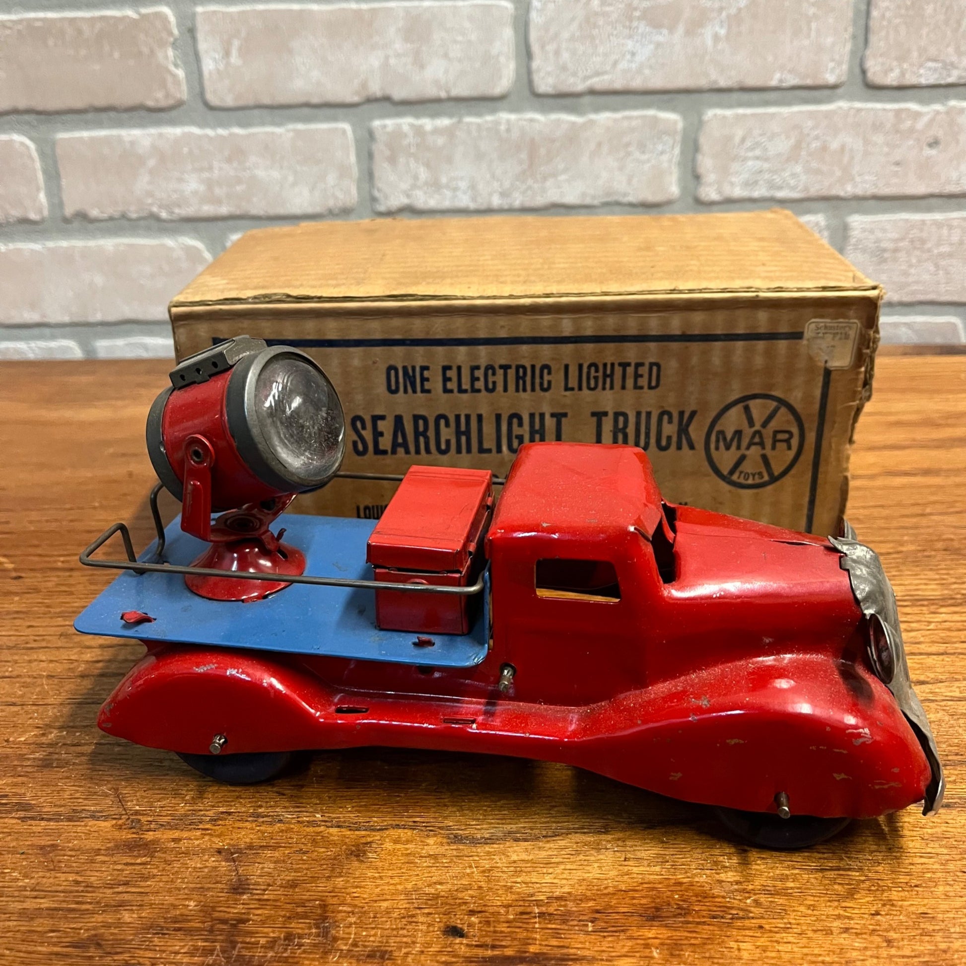RARE Vintage 1930s Marx Searchlight Truck Pressed Steel Toy + Orig. Box Red/Blue