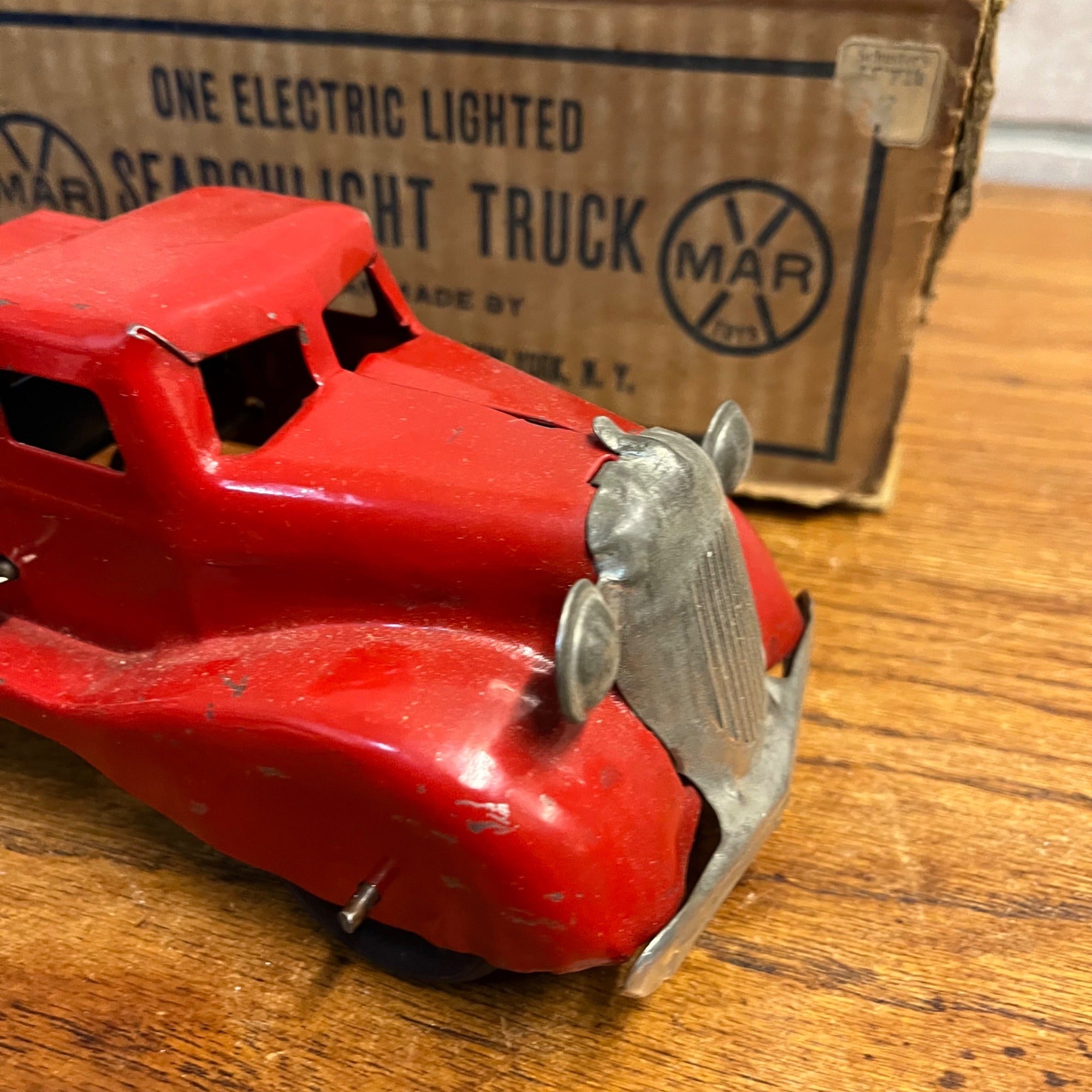 RARE Vintage 1930s Marx Searchlight Truck Pressed Steel Toy + Orig. Box Red/Blue