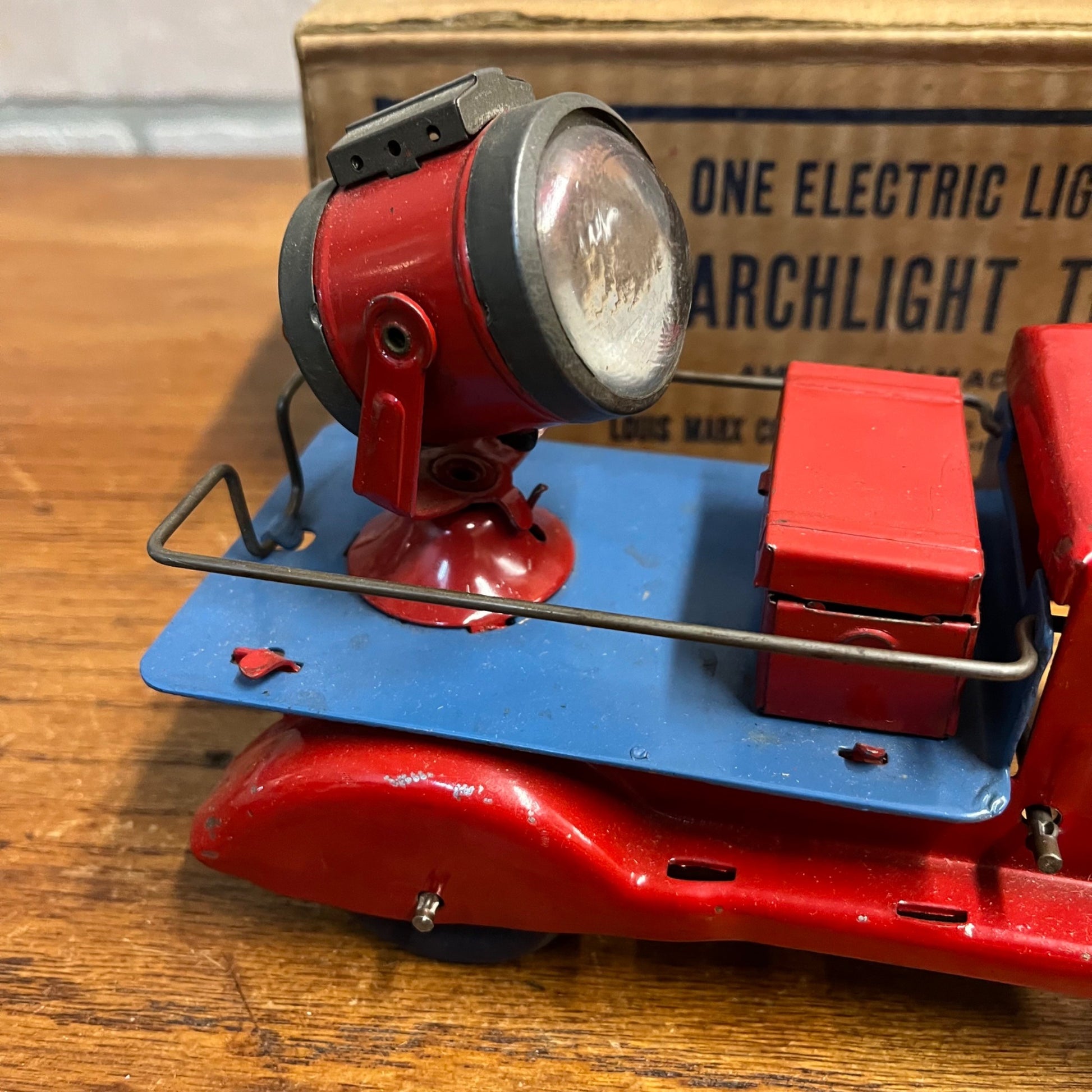 RARE Vintage 1930s Marx Searchlight Truck Pressed Steel Toy + Orig. Box Red/Blue
