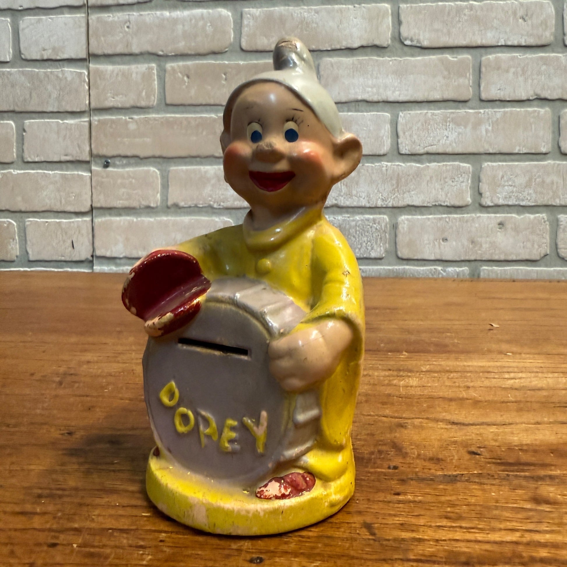 Vintage 1930s Walt Disney Snow White Dopey Dwarf Composition Coin Bank