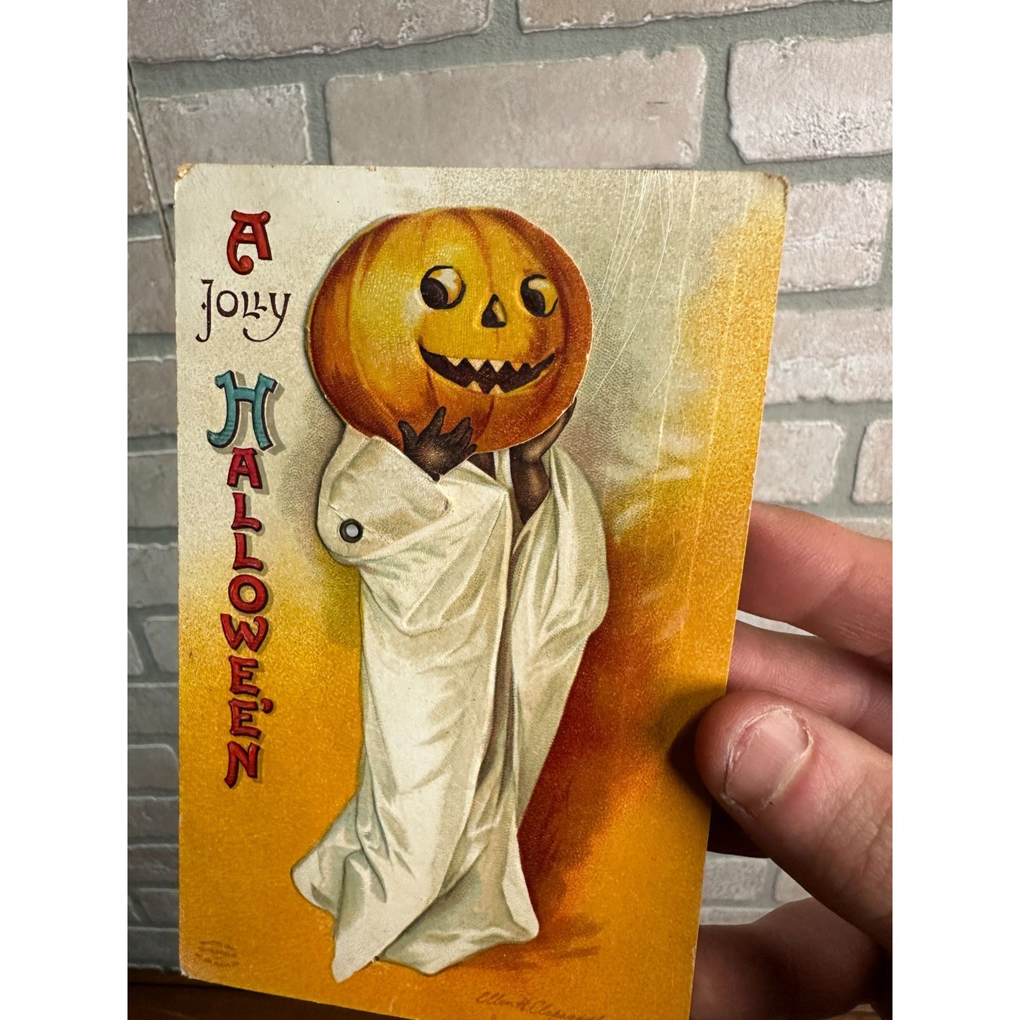 Vintage 1900s Halloween Ellen Clapsaddle Mechanical Postcard Child w/ JOL Mask