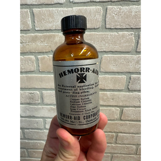 Vintage 1950s Hemorr-Aid (Oshkosh Wis) Medicine Bottle w/ Label