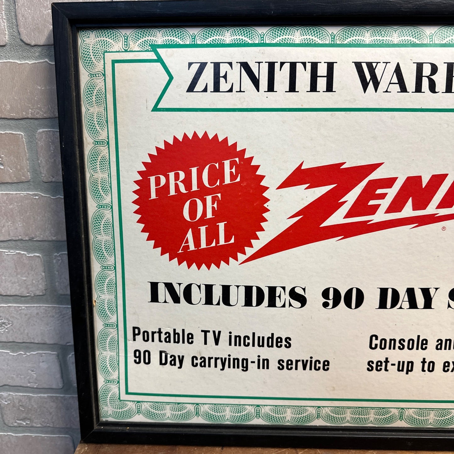 Vintage 1960s Zenith Television TV Store Display Advertising Sign Framed Warranty