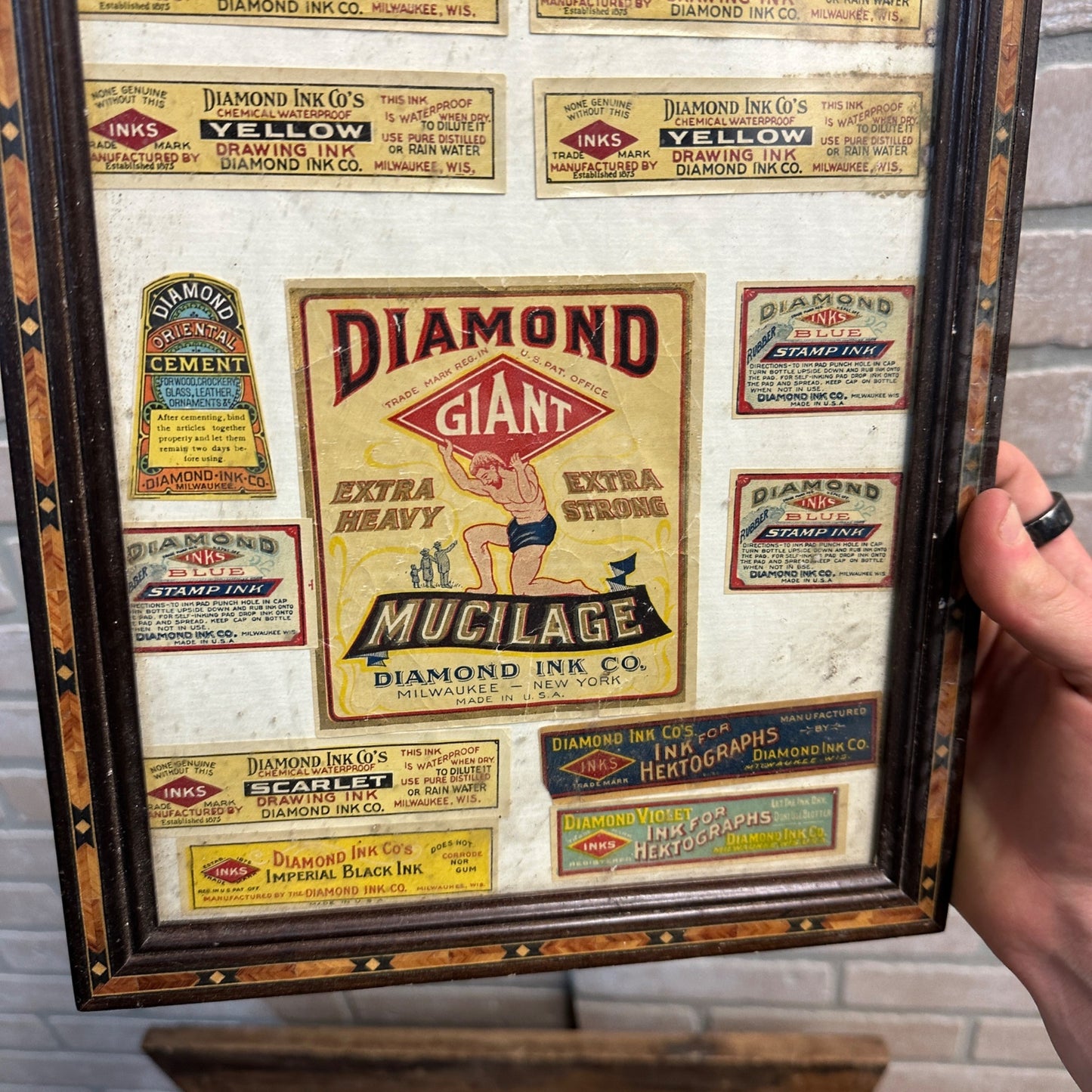 Vintage 1920s-30s Diamond Ink Co. Milwaukee Wis Labels w/ Inlaid Wood Frame