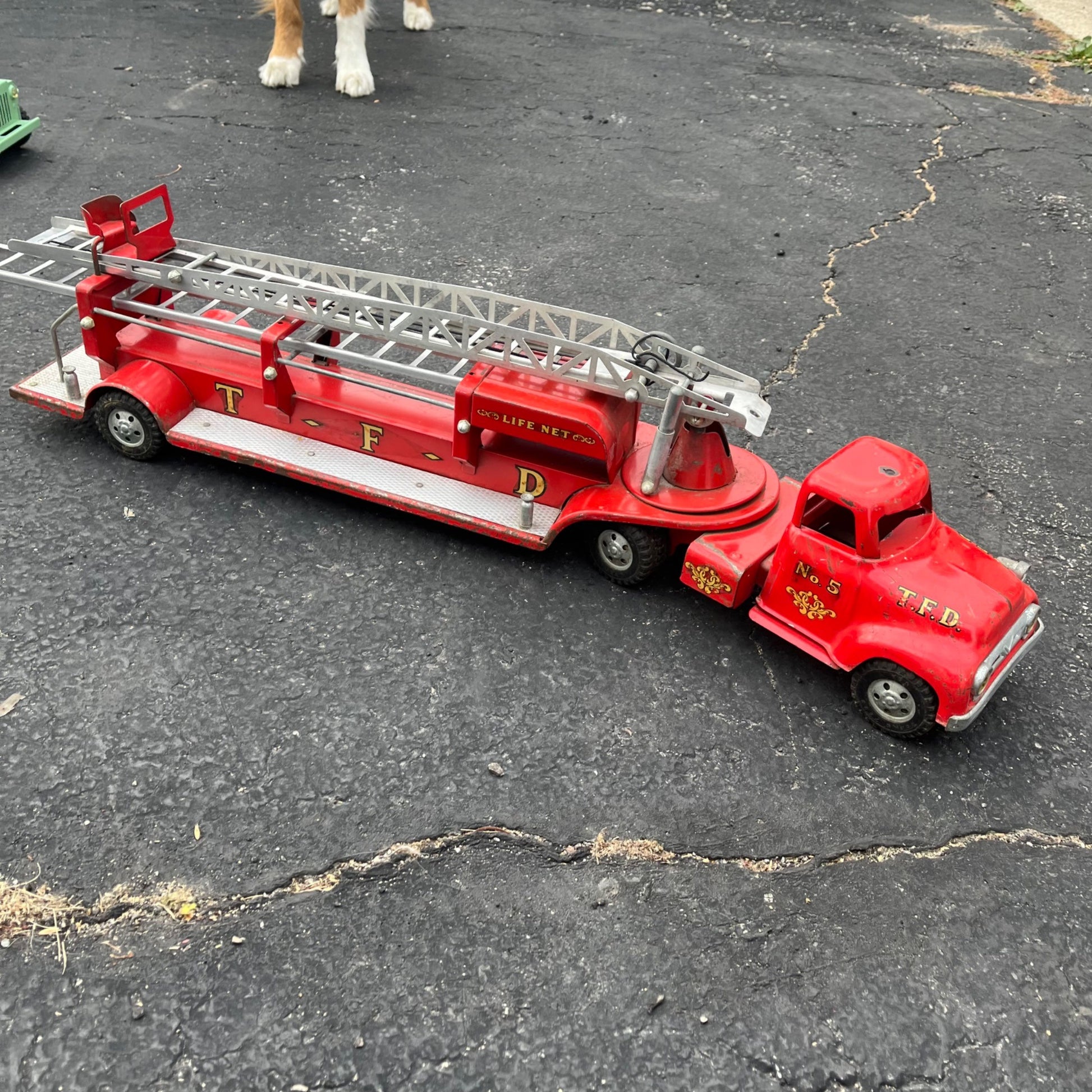 Vintage 1950s Tonka Aerial Ladder Fire Truck No. 5 TFD Pressed Steel Toy