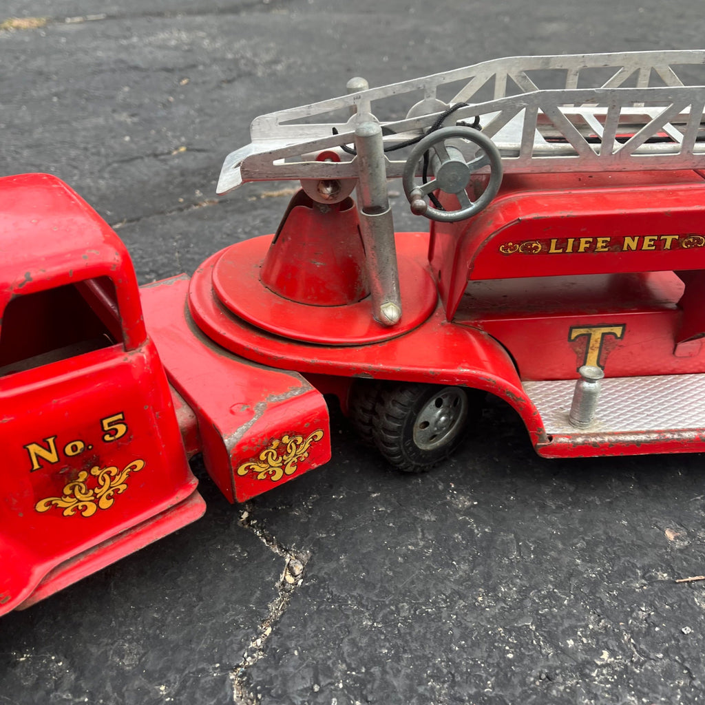 Vintage 1950s Tonka Aerial Ladder Fire Truck No. 5 TFD Pressed Steel Toy