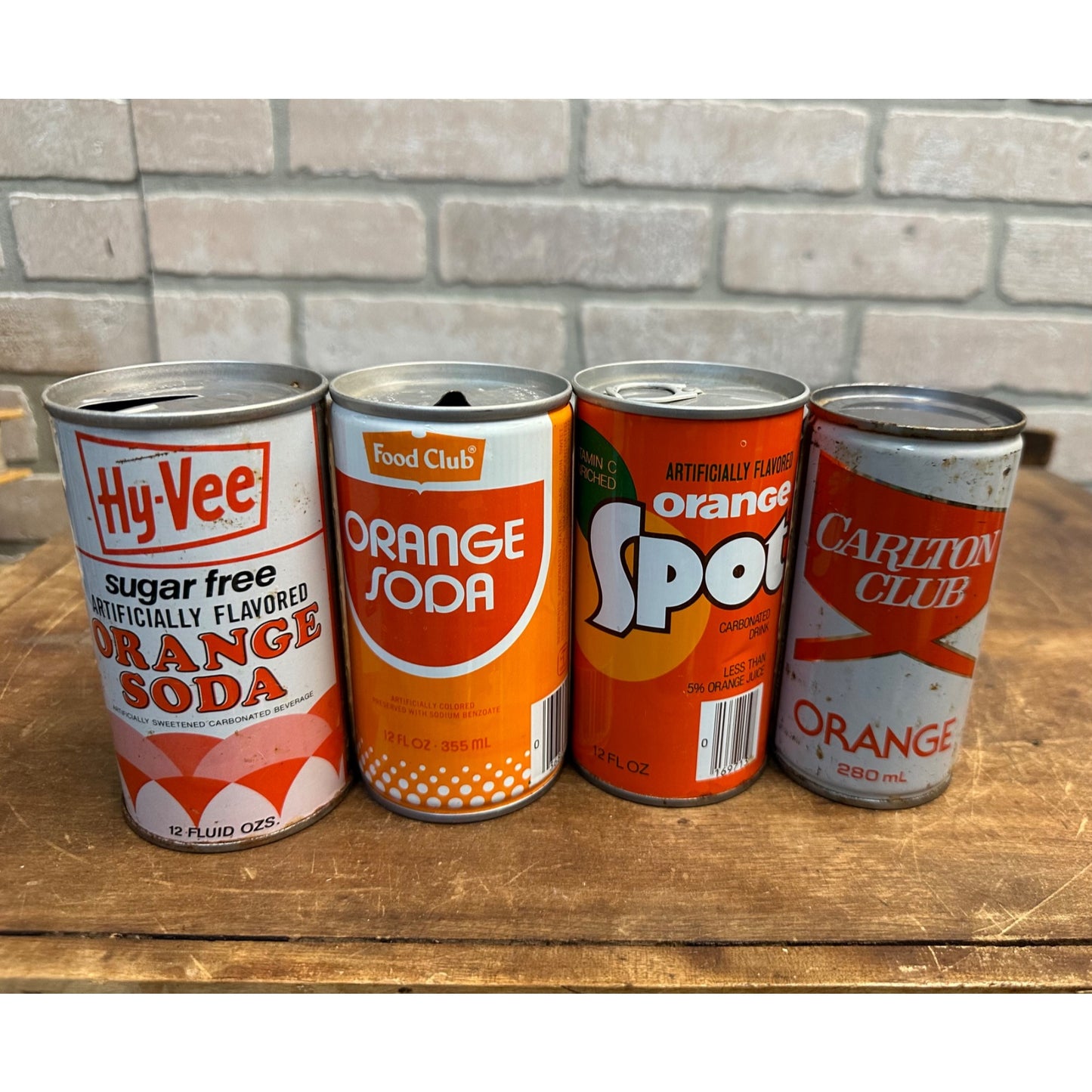 Vintage Lot (4) Orange Soda Cans Straight Steel Pull Tab Hy-Vee Spot Carlton