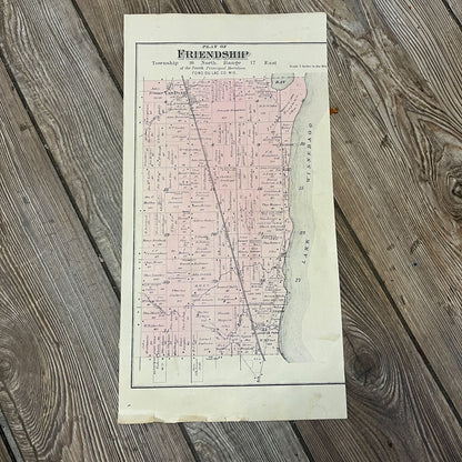 Antique 1893 Friendship Lake Winnebago Wisconsin Wis Plat Map Township