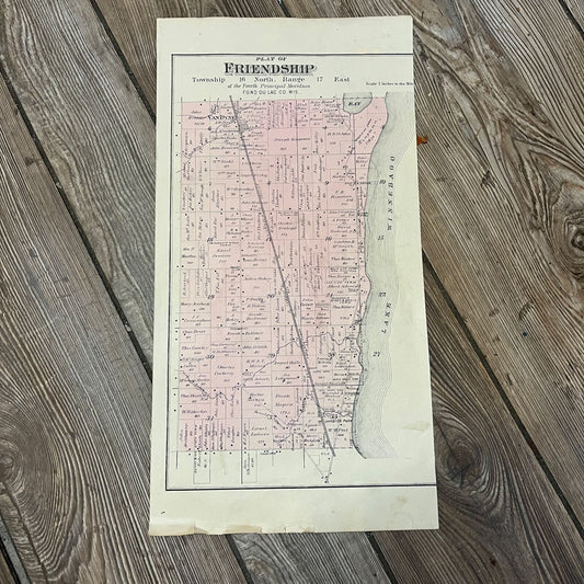 Antique 1893 Friendship Lake Winnebago Wisconsin Wis Plat Map Township