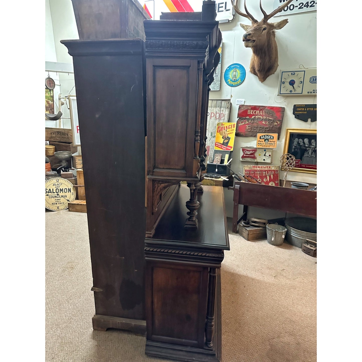 Antique 1900s French Carved Walnut Rococo Style Hutch Sideboard Server Cabinet