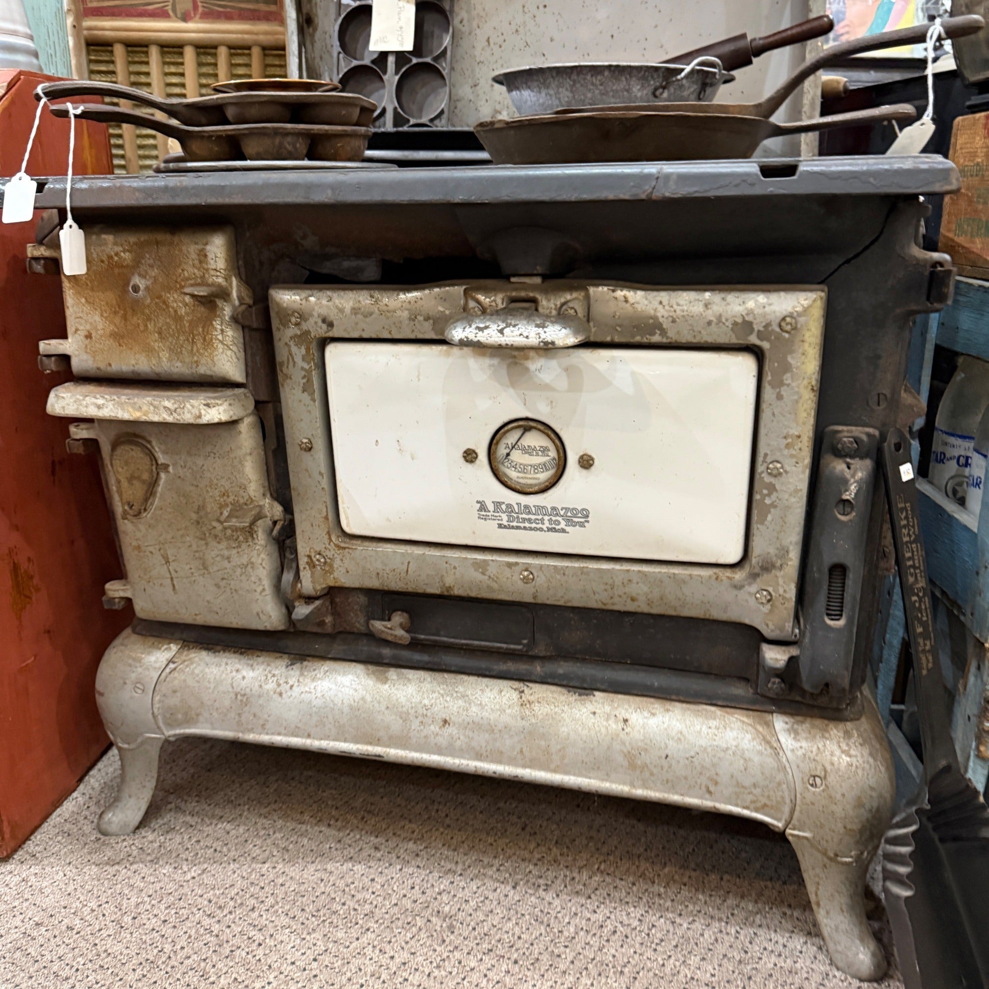 Vintage White Cast Iron Kalamazoo Stove Emperor Enamel Decor