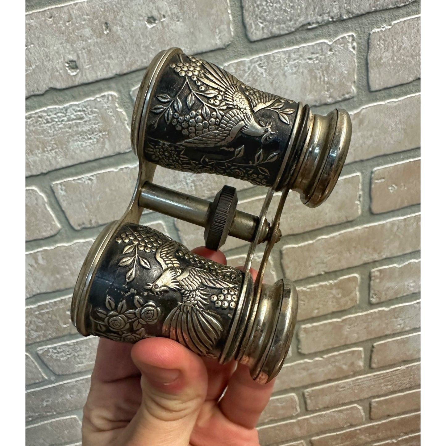 VINTAGE SILVER METAL & BLACK ENAMEL OPERA GLASSES BIRDS ROSES MADE IN JAPAN