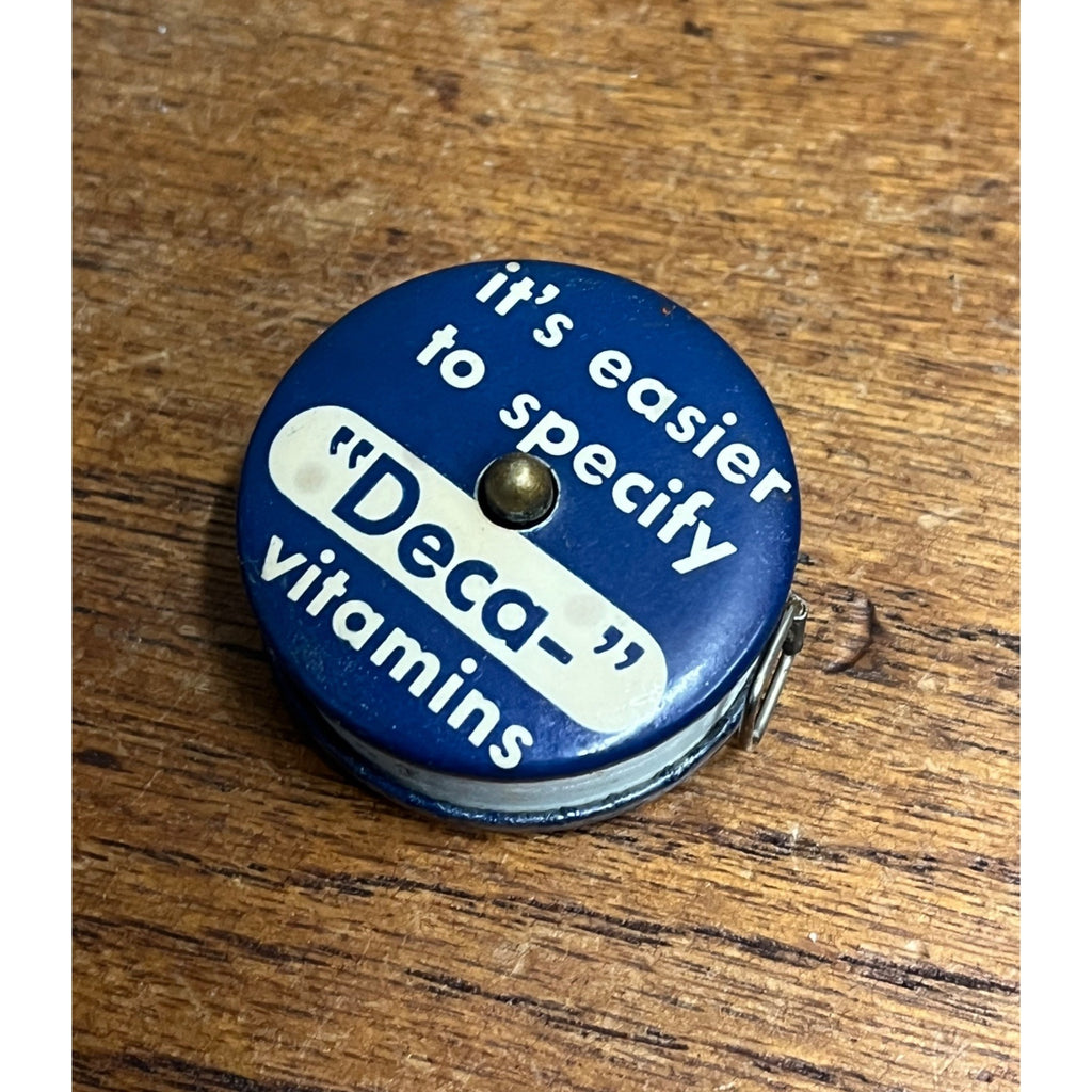 Vintage Deca Vitamins Celluloid Advertising Tape Measure Deca-Vi-Caps Deca-Mulcin
